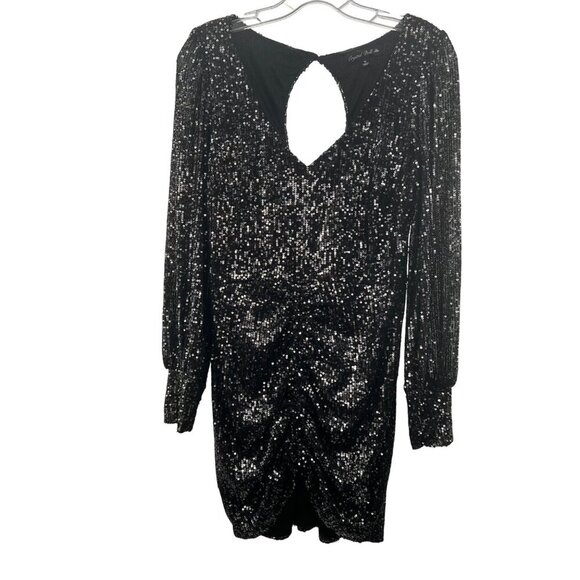 Crystal Doll Sequin Mini Dress Ruched Long Sleeve Keyhole Back Black Medium - Picture 1 of 9